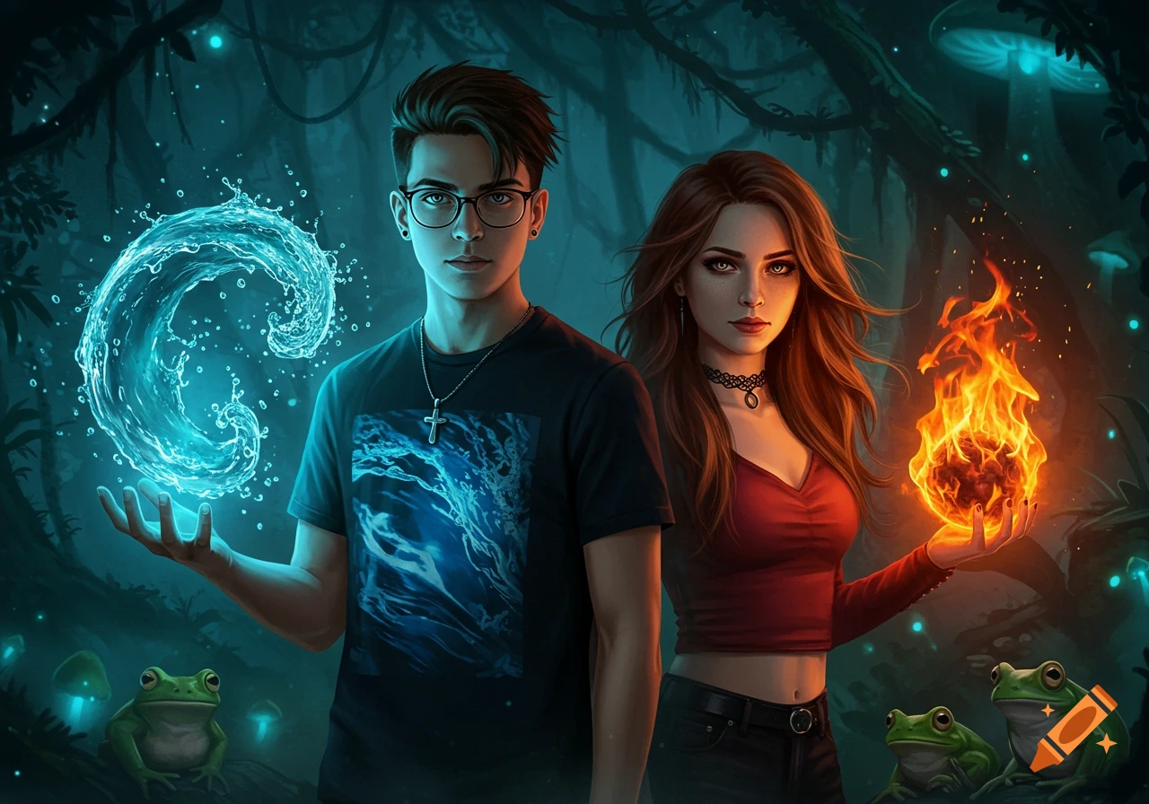 Young man bending water, woman holding fire in a mystical, dark forest with glowing mushrooms and frogs.