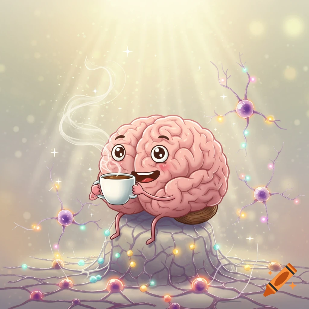 A happy cartoon brain drinks coffee, surrounded by glowing neurons and light rays, in an illustrated style.