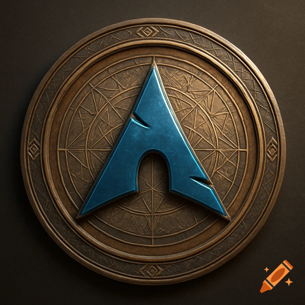 A circular bronze-toned badge with a raised blue metallic Arch Linux logo at its center, surrounded by intricate carved patterns.