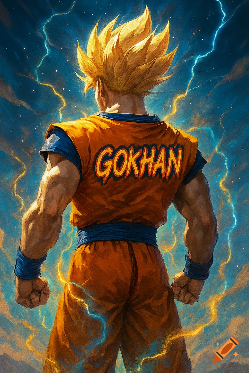 A male character with spiky blond hair and an orange gi with 'GOKHAN' on the back stands against a lightning-filled blue sky in a painted style.