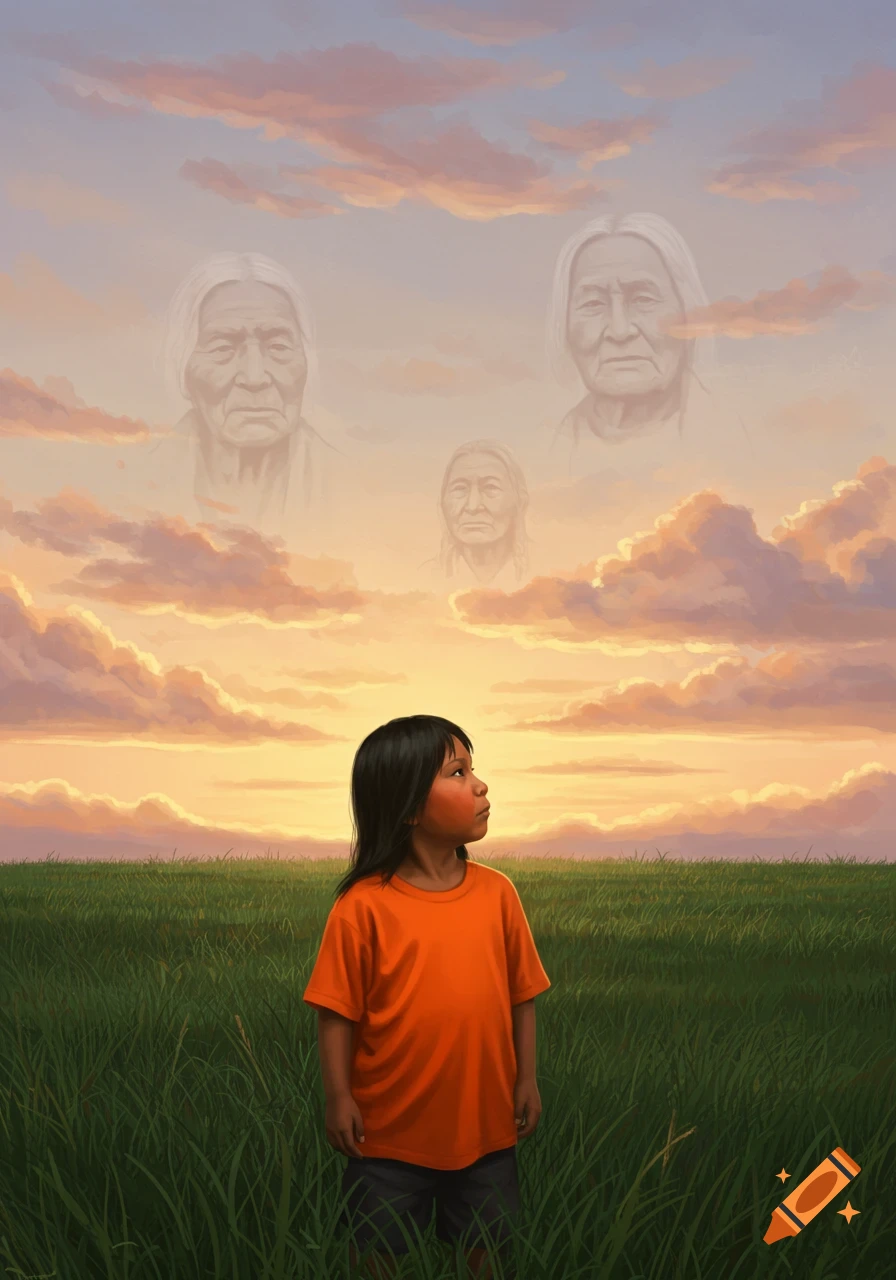 A young Indigenous child in an orange shirt stands in a grassy field at sunset, looking up at three ghostly elderly faces in the orange-pink clouds.