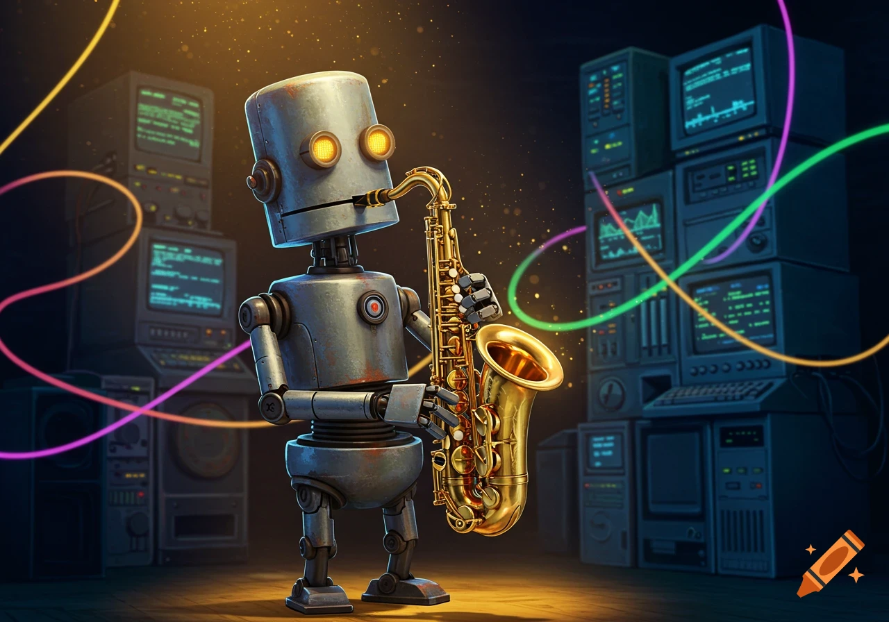 A cute, rusty robot plays a golden saxophone, surrounded by stacks of vintage computer monitors displaying colorful code and data.