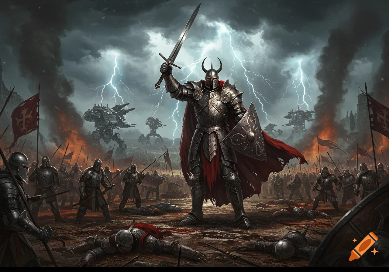 Dramatic battle scene with an armored knight raising a sword, surrounded by soldiers, lightning, and futuristic war machines.