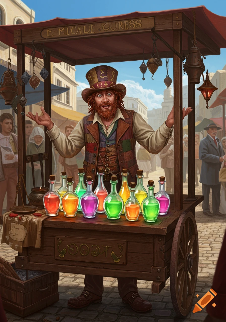 A smiling, red-bearded merchant in a top hat stands behind a cart filled with colorful potions in a bustling market square.