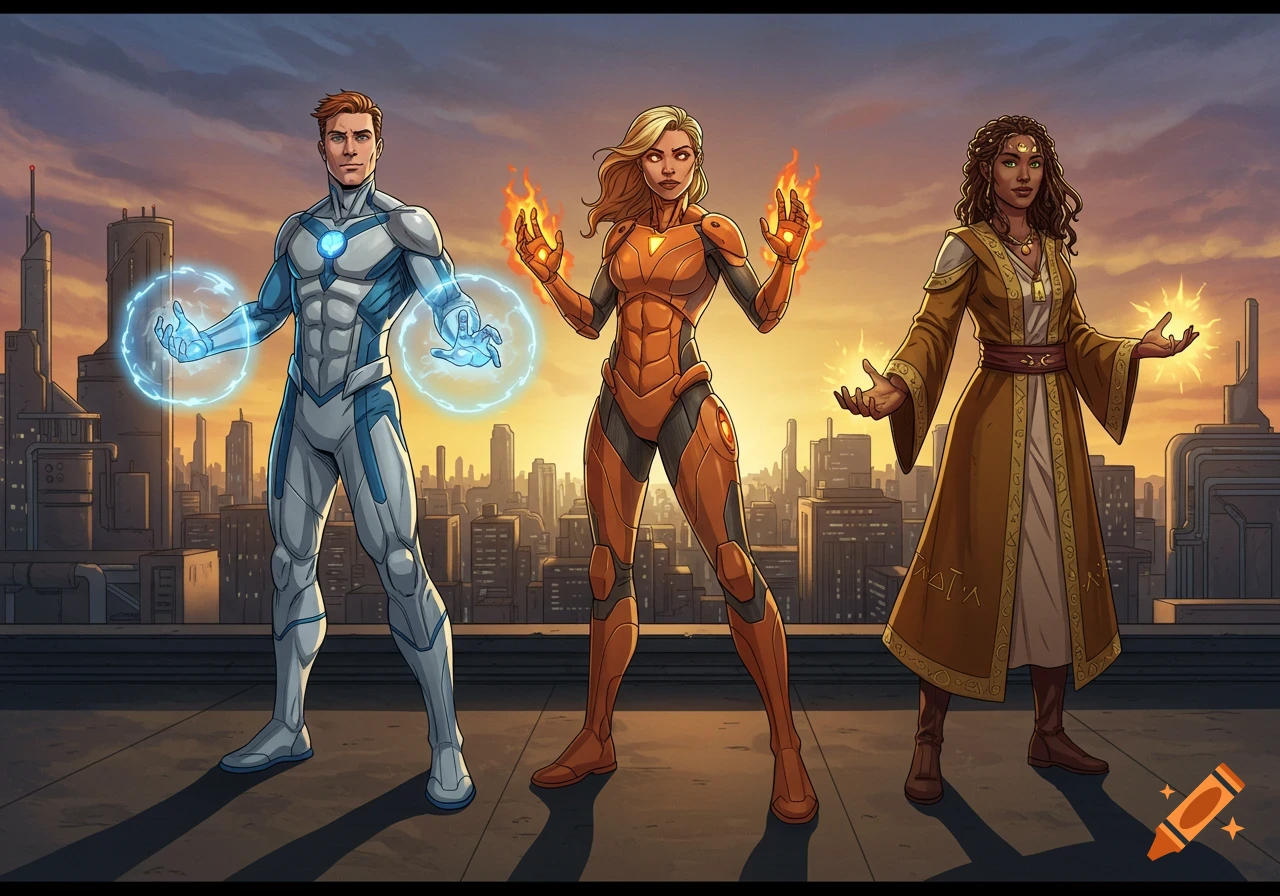 Three superheroes, one with blue energy, one with fire, and one with yellow energy, stand on a rooftop cityscape at sunset in a comic art style.