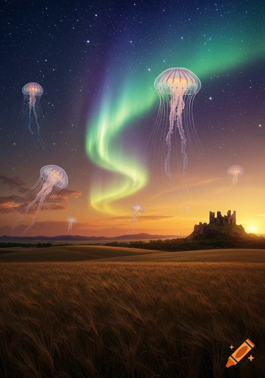 Fantastical scene with bioluminescent jellyfish floating under a vibrant aurora borealis over a wheat field and ruined castle at sunset.