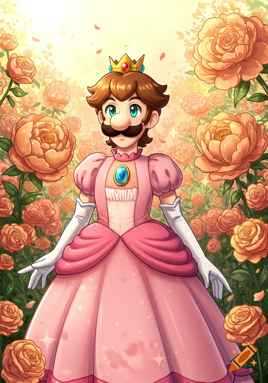 Cartoon illustration of a mustachioed Luigi character wearing a pink princess gown and crown, standing among orange roses.