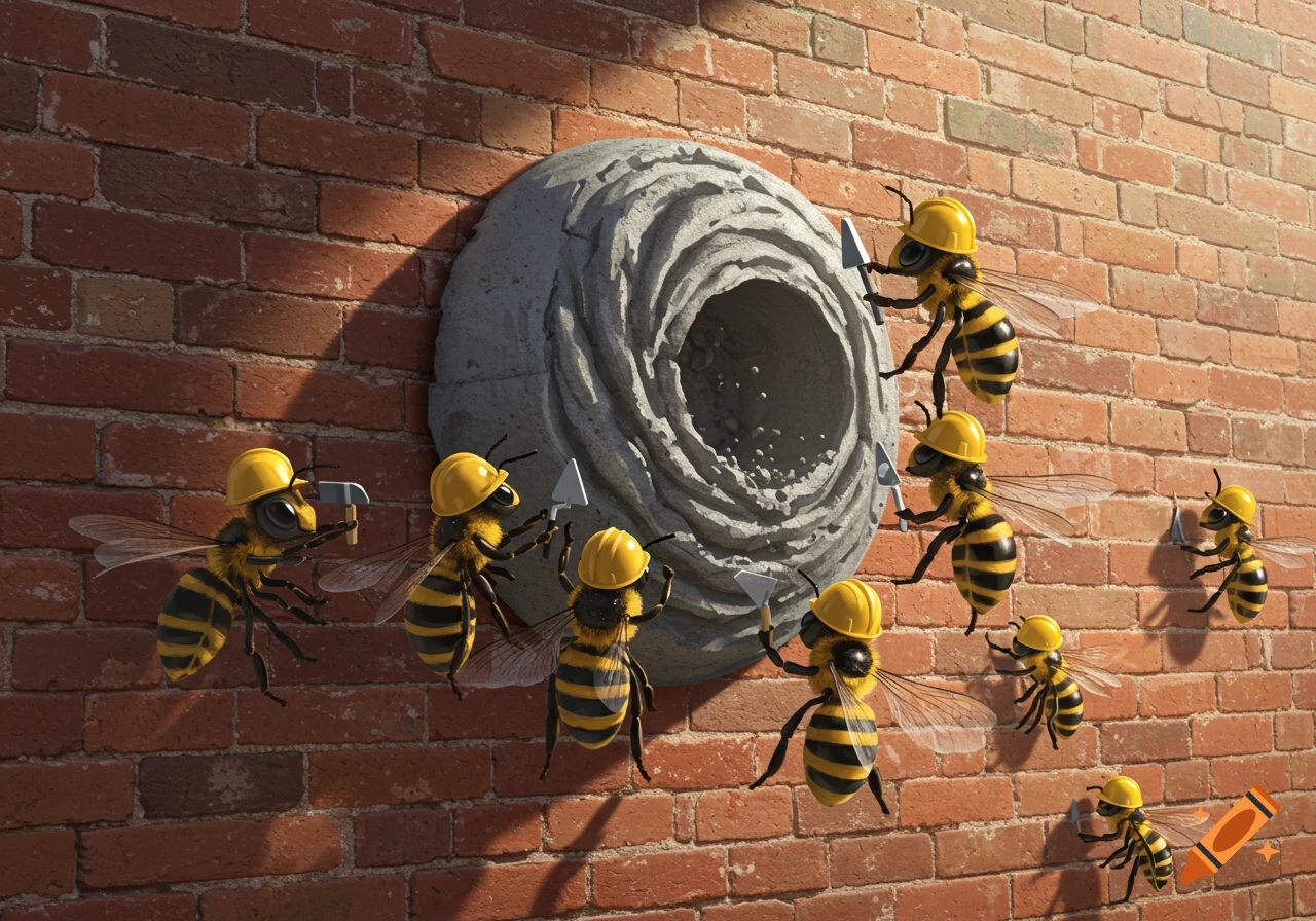 Cartoon bees in yellow hard hats build a grey concrete nest on a red brick wall, holding tiny construction tools.