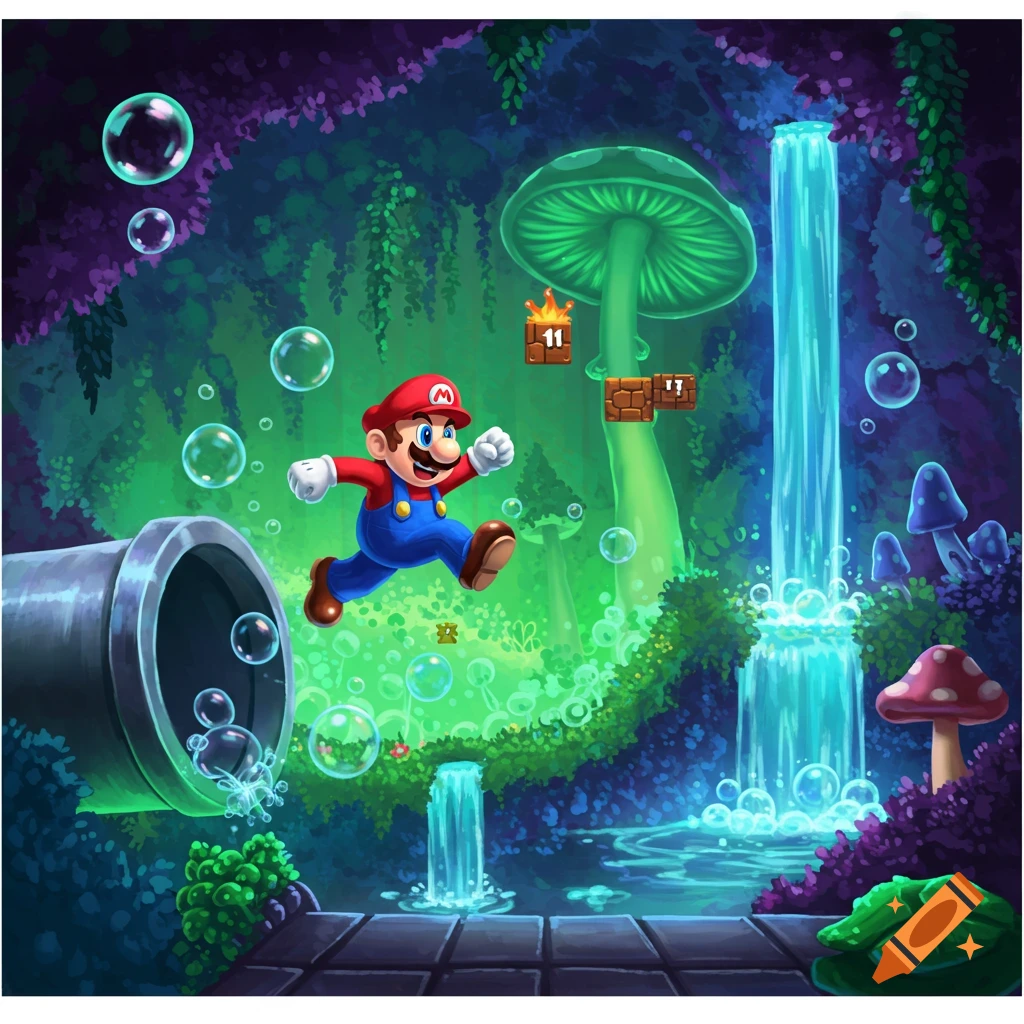 Vibrant illustration of Mario jumping over bubbles in a glowing fantasy forest with waterfalls, large mushrooms, and a pipe.