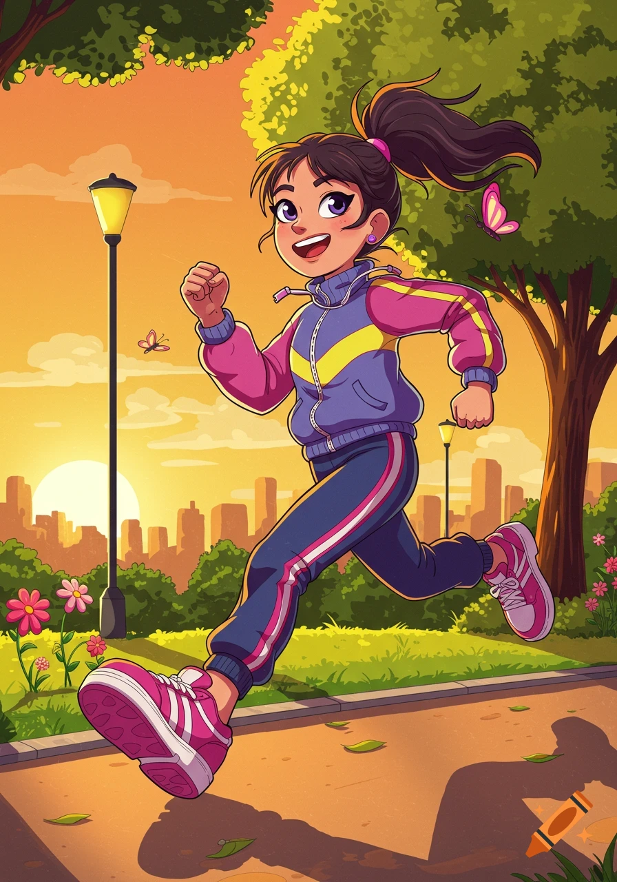 A vibrant cartoon of a smiling girl in a tracksuit jogging through a park at sunset with a city skyline in the background.