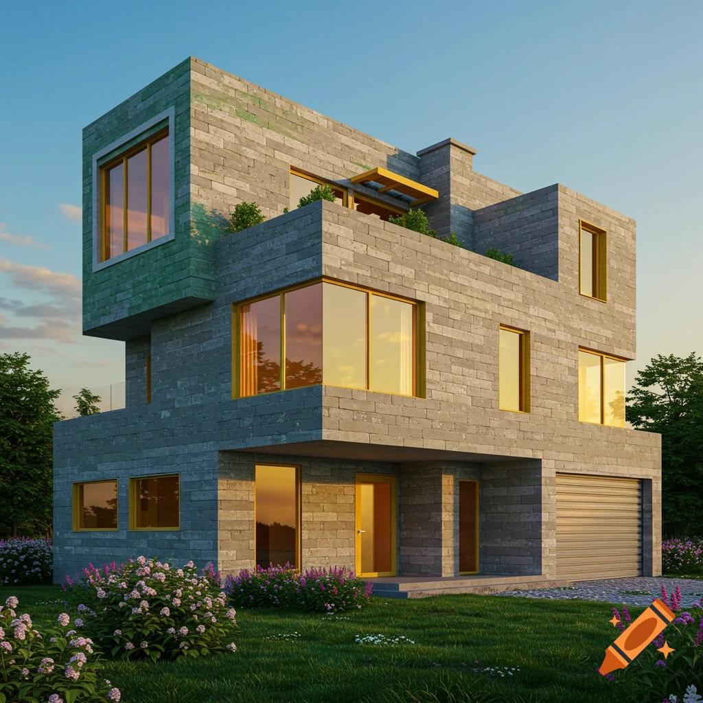 A modern, multi-story house with gray block walls and large amber-tinted windows, surrounded by green grass and pink flowers under a clear sky.