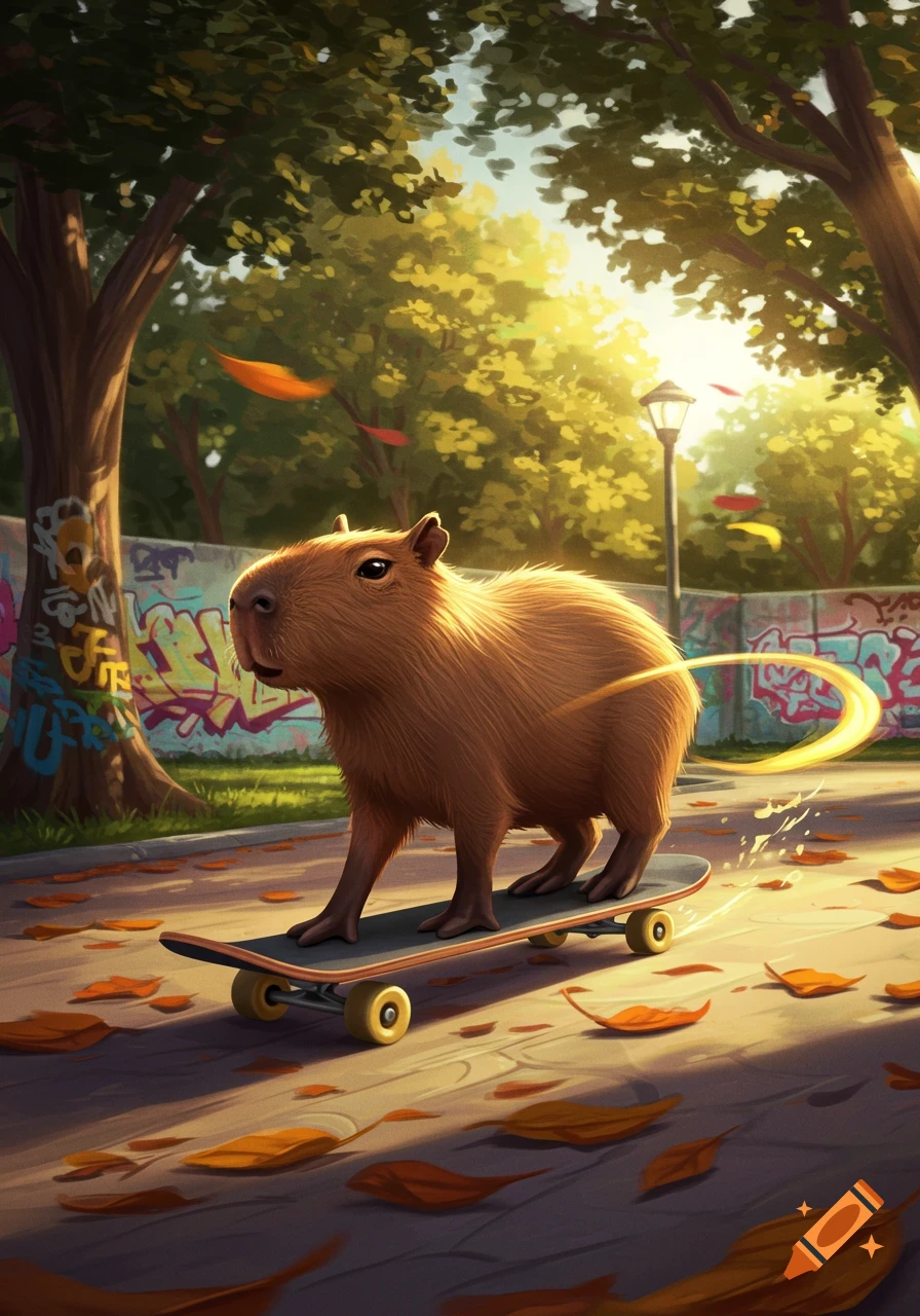 A vibrant illustration of a capybara skateboarding on a sunlit park path with fallen leaves and graffiti walls.