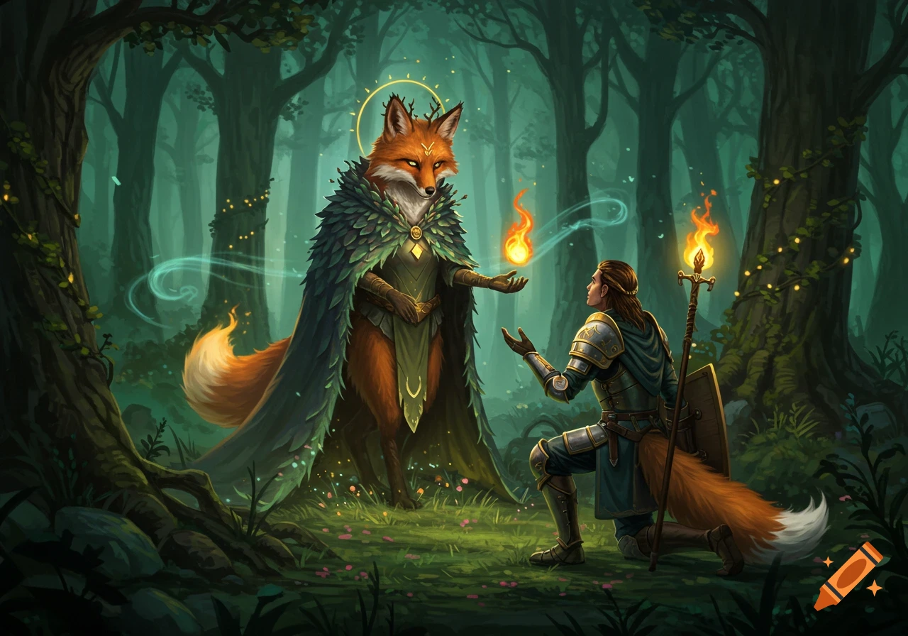 A knight kneels before a majestic fox deity holding a fire orb in an enchanted fantasy forest, digital painting.