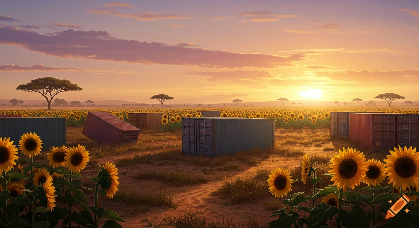 Photorealistic image of a vast sunflower field with shipping containers under a vibrant sunset sky, with acacia trees in the distance.