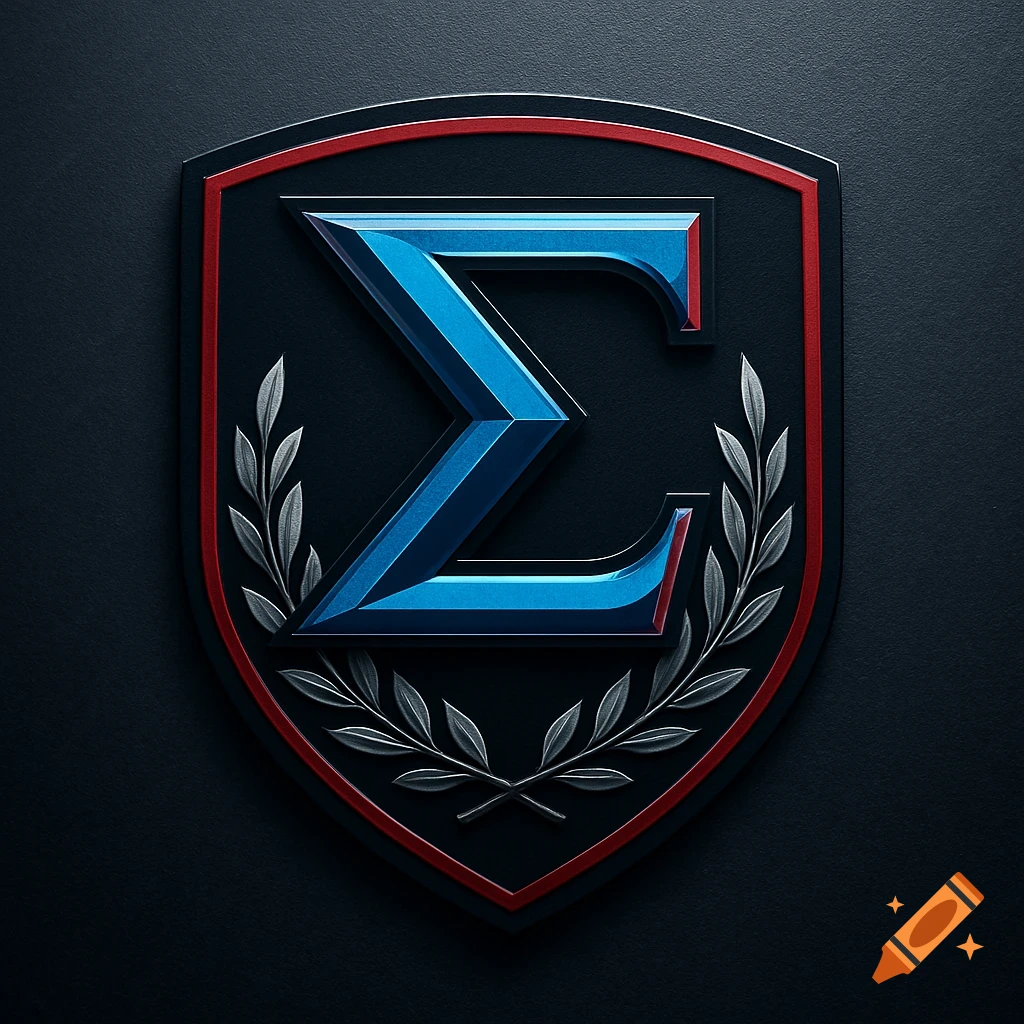 A metallic blue and red crest with a prominent Greek letter Sigma and silver olive branches on a dark background.
