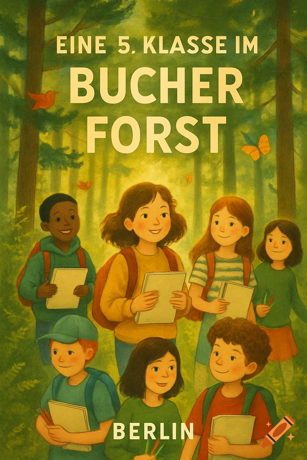 Illustrated cover art depicting diverse children holding books in a green forest. Text: EINE 5. KLASSE IM BUCHER FORST BERLIN.