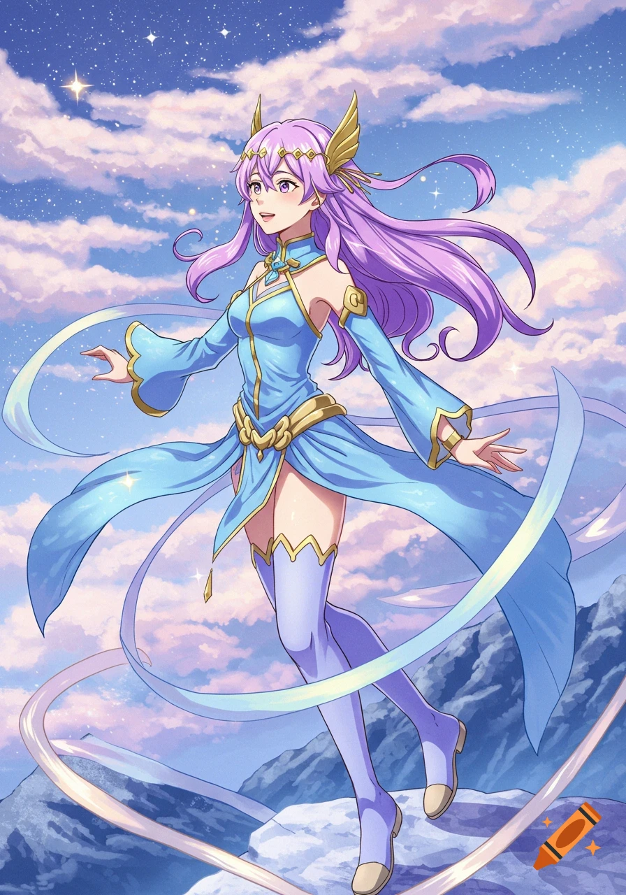 Anime-style female character with long purple hair, blue and gold dress, and winged headpiece, standing against a cloudy sky with ribbons floating around her.