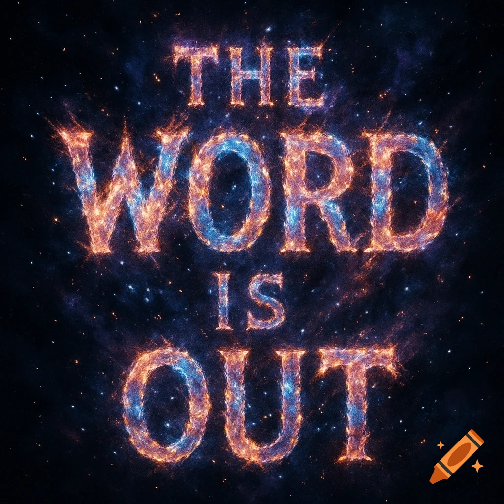 Glowing orange and blue cosmic text "THE WORD IS OUT" on a dark starry space background.