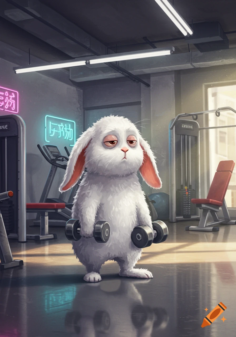 A tired, fluffy white cartoon rabbit holding dumbbells in a gym.