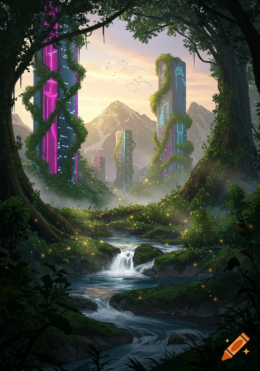 Vibrant futuristic city with neon-lit towers intertwined with vines, set in a lush forest with a river, mountains, and glowing mist at sunset.