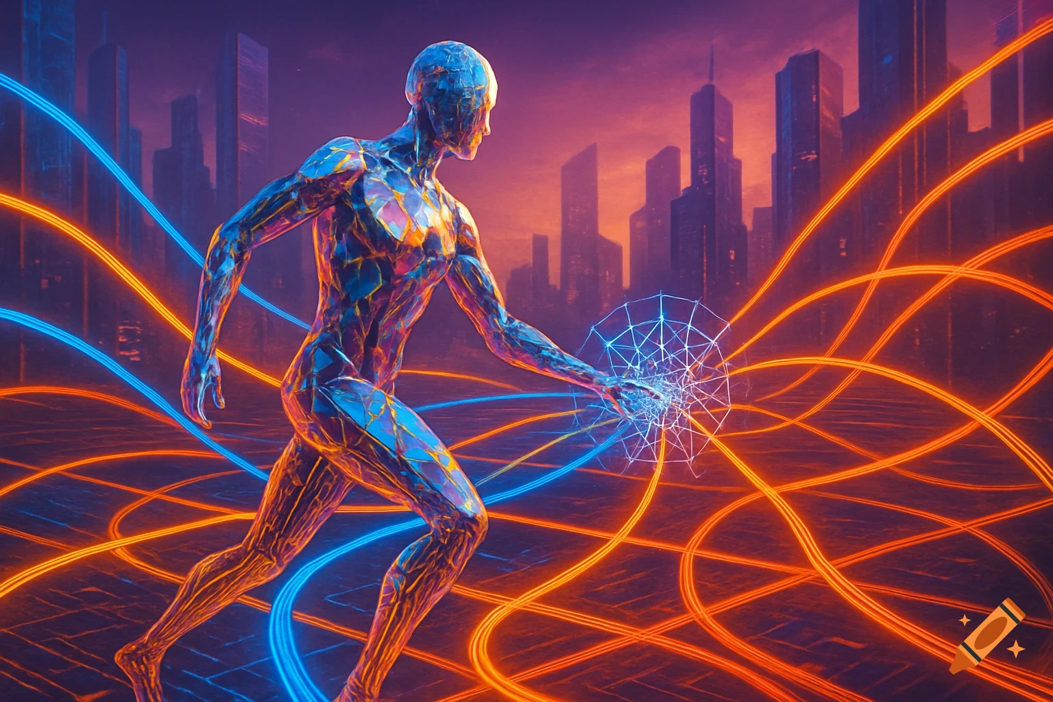 A human-like figure made of glowing geometric shards runs through a neon-lit futuristic city, interacting with energy lines.