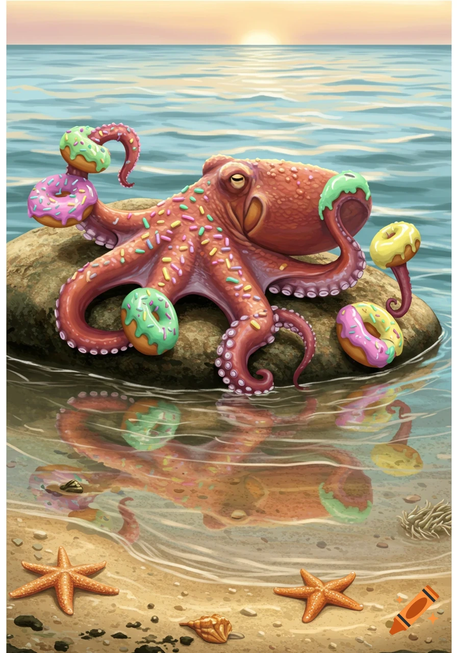 A whimsical octopus covered in colorful sprinkles holds and is surrounded by donuts on a rock in the ocean at sunset, with starfish on the sandy bottom.