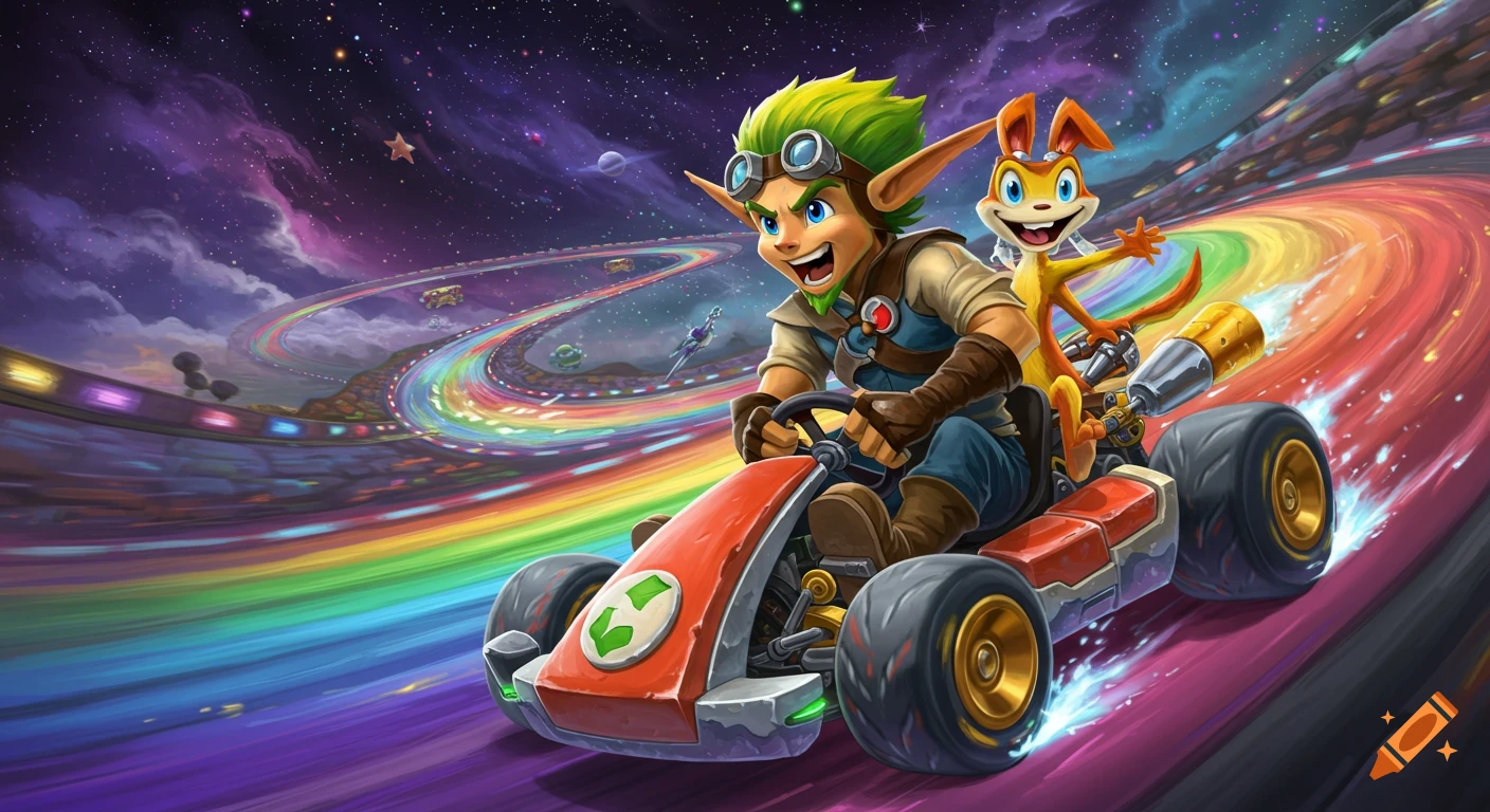 Jak and Daxter racing a red go-kart on a vibrant rainbow road in space, both smiling excitedly.