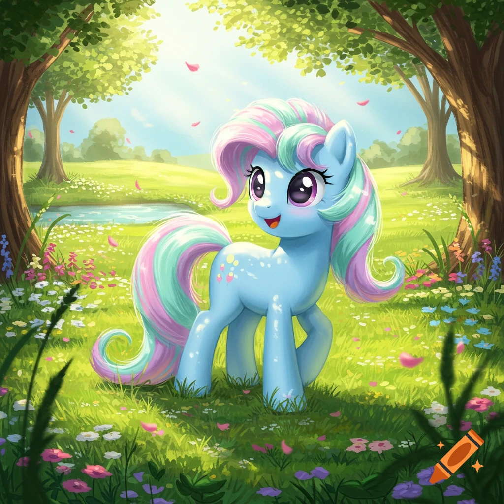A light blue My Little Pony with colorful mane and tail stands in a vibrant meadow with flowers and trees, cartoon style.