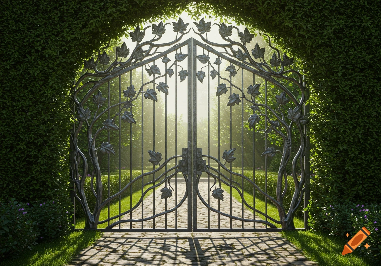 An ornate double metal gate, shaped like a tree with leaves, set in a lush green hedge with a sunlit path beyond.