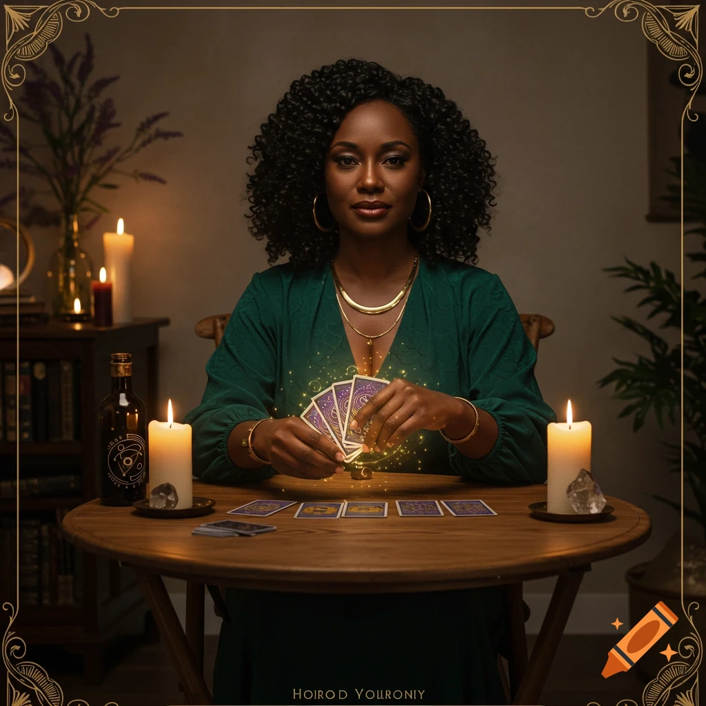 A Black woman sits at a wooden table, holding glowing tarot cards in a soft, candlelit mystical atmosphere. Photorealistic.