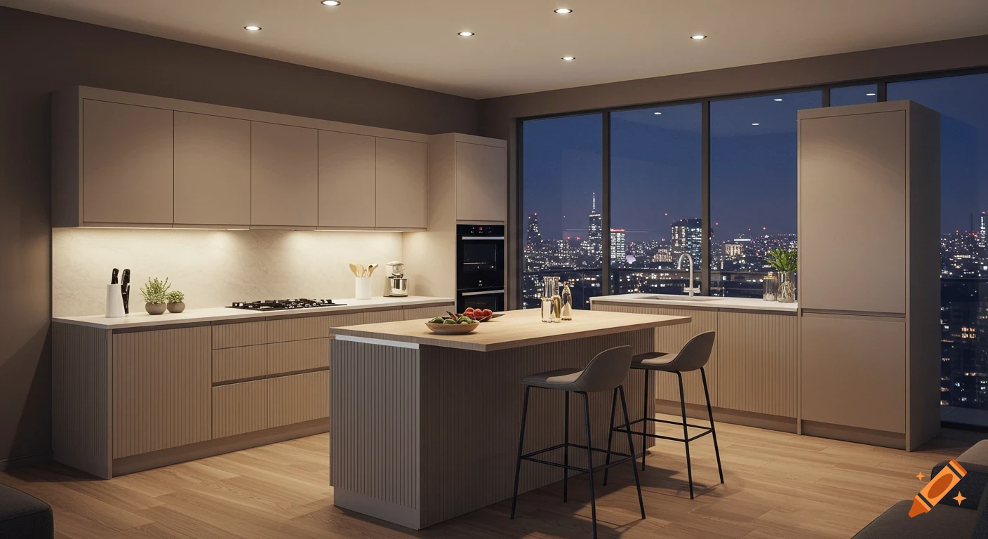 A hyperrealistic photo of a modern luxury kitchen in a penthouse with beige cabinets, a wood island, and a city skyline at night.