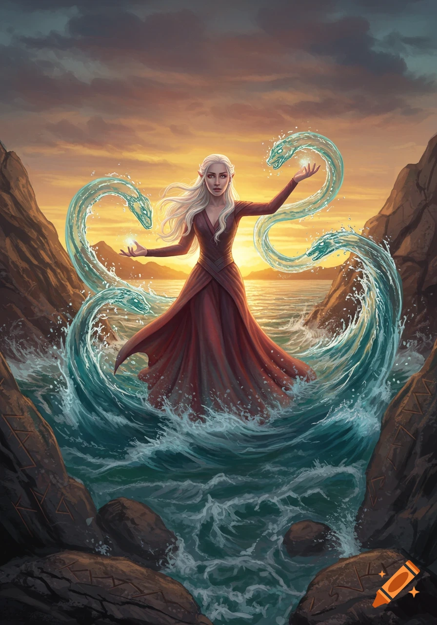 A white-haired woman in a red dress manipulates water into two serpent-like forms at sunset on a rocky shore, digital art.