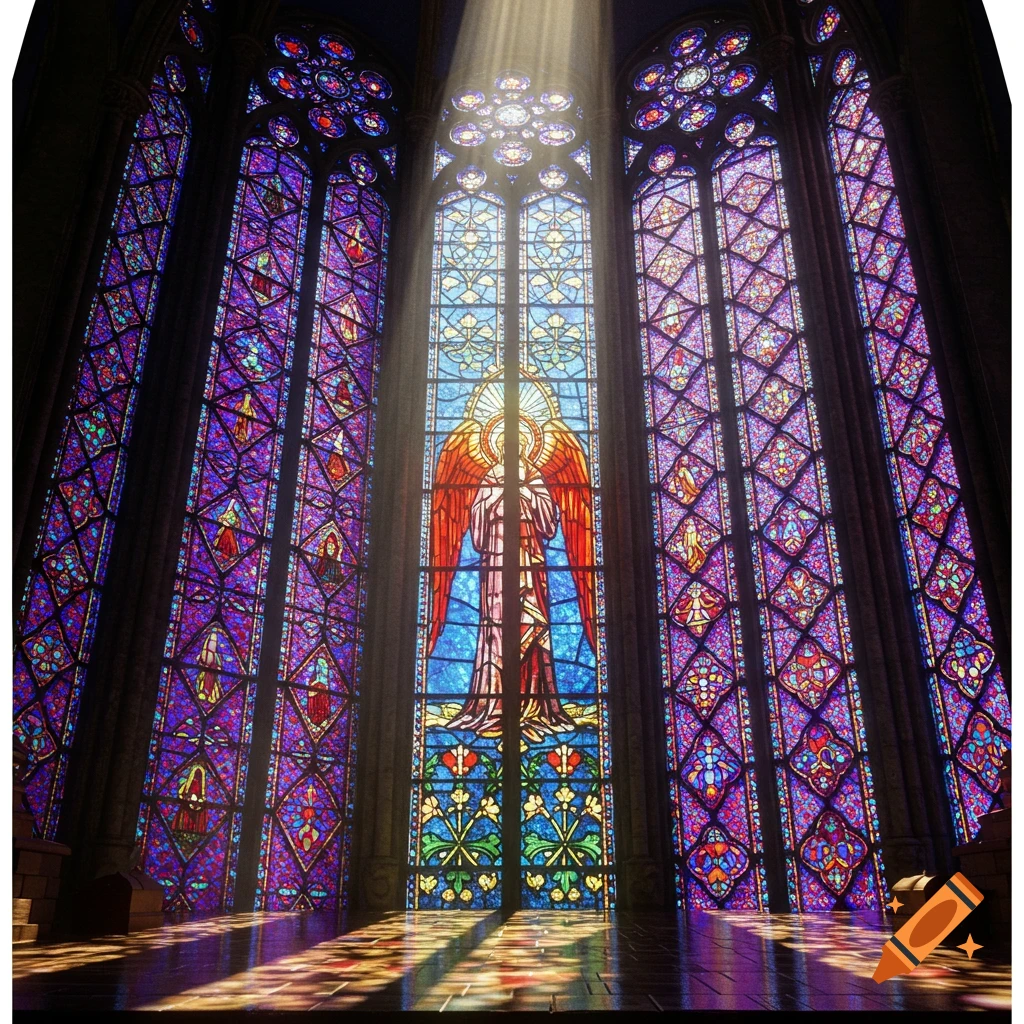 Vibrant stained glass window with a central angelic figure, illuminated by rays of light in a large archway.