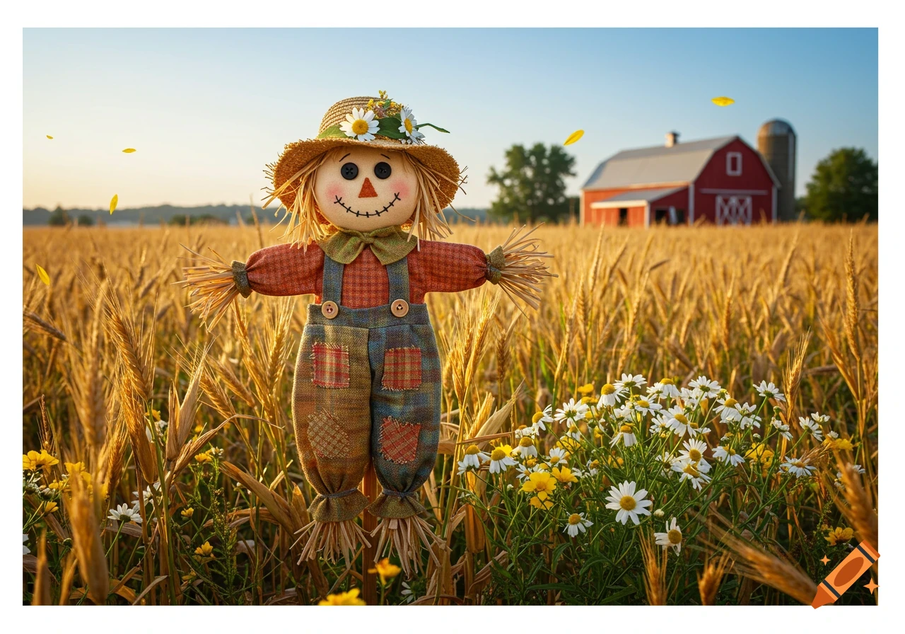 An adorable scarecrow stands in a golden cornfield with white daisies, a red barn and silo in the background under a blue sky.