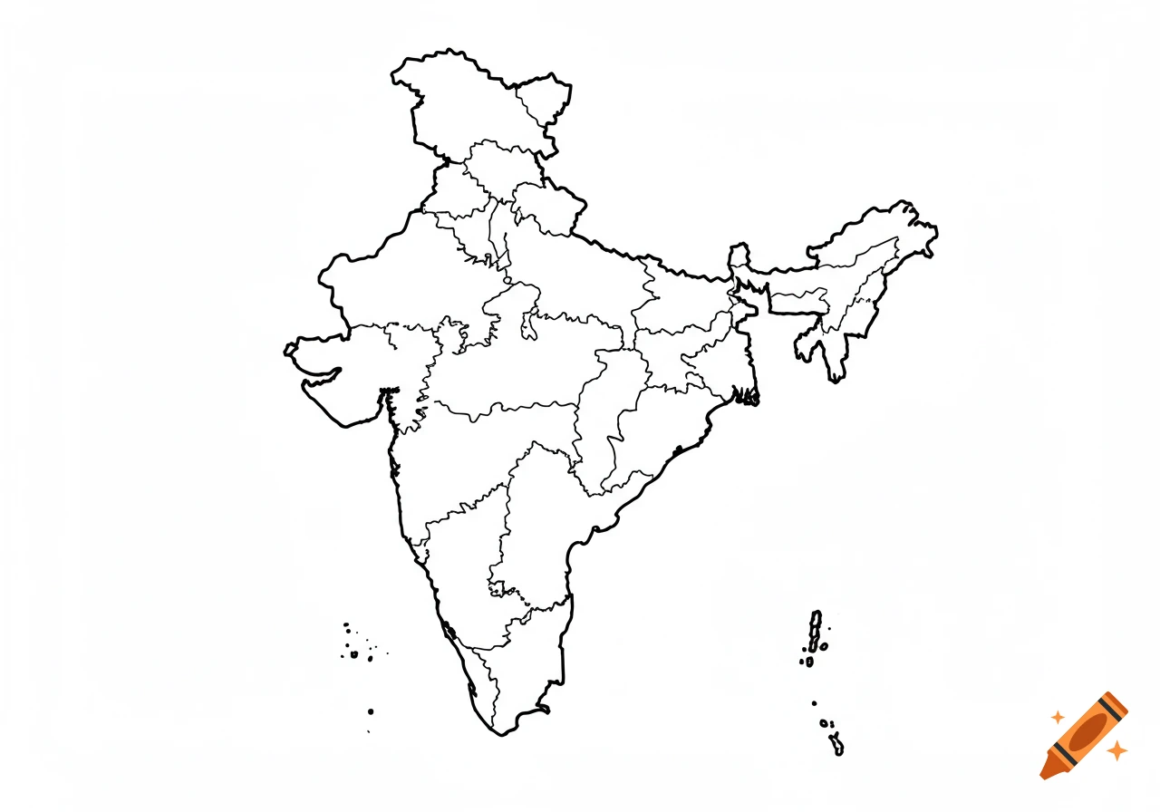 Black and white outline map of India showing country and state borders.