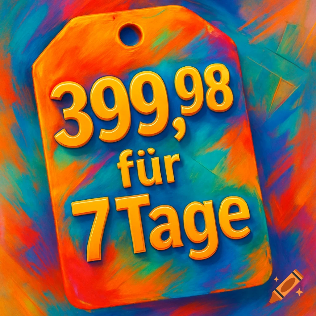 A vibrant, colorful price tag displays "399,98 f r 7 Tage" in bold orange text against a blue and orange painted background.