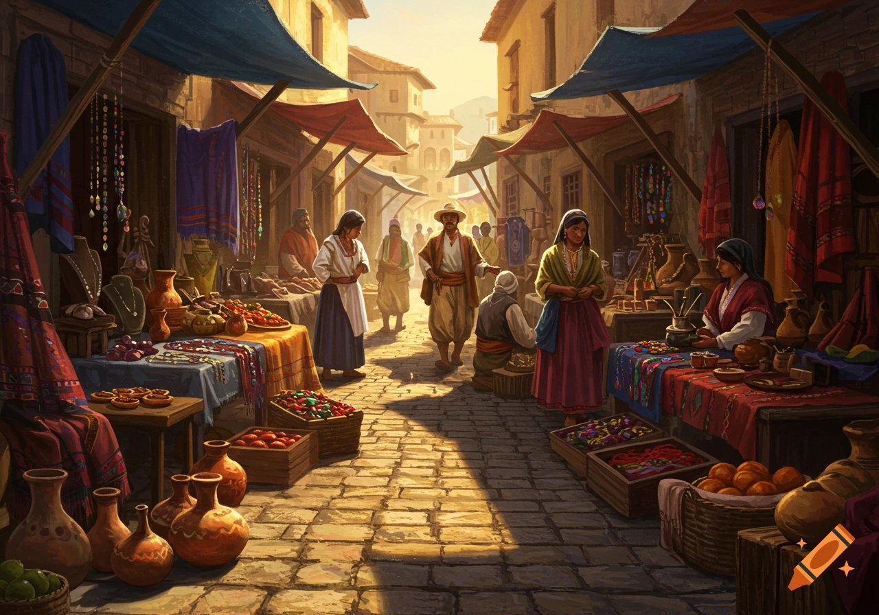 A painterly illustration of a bustling ancient market street, with people browsing stalls full of pottery, textiles, and produce under sunlit awnings.
