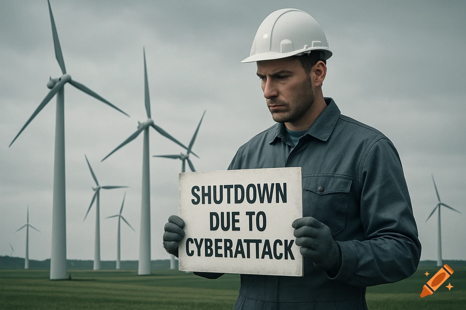 A serious man in a hard hat holds a sign reading 'SHUTDOWN DUE TO CYBERATTACK' in front of a wind farm, photorealistic.