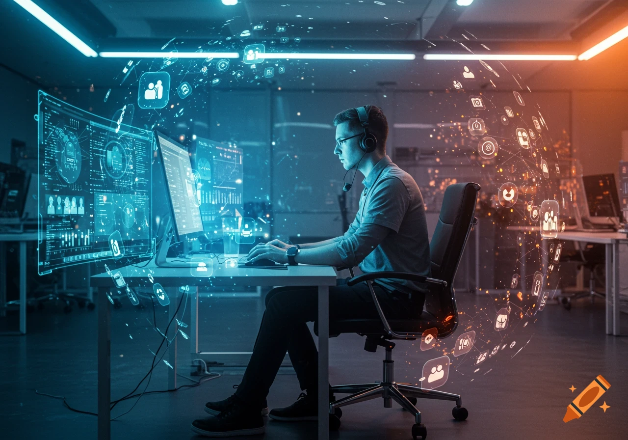 A man with a headset works at a computer in a futuristic office, surrounded by glowing digital data and social media icons.