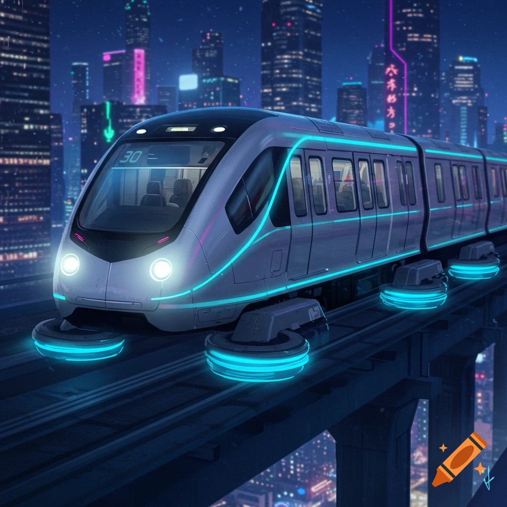 A sleek, futuristic silver train with glowing blue neon accents hovers on a track above a neon-lit cyberpunk city at night.