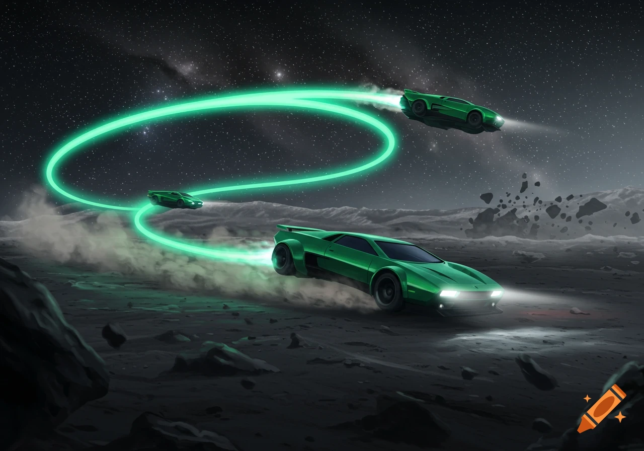 Green futuristic cars with glowing trails flying over a dark, rocky moon surface under a star-filled sky.