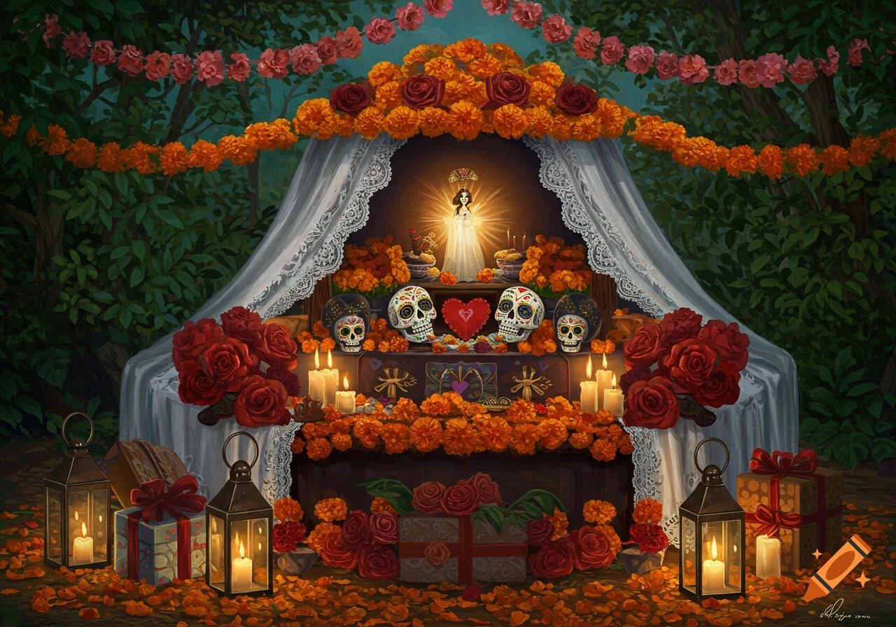 A vibrant Day of the Dead altar filled with marigold garlands, candles, sugar skulls, gifts, and a glowing figure under a canopy.