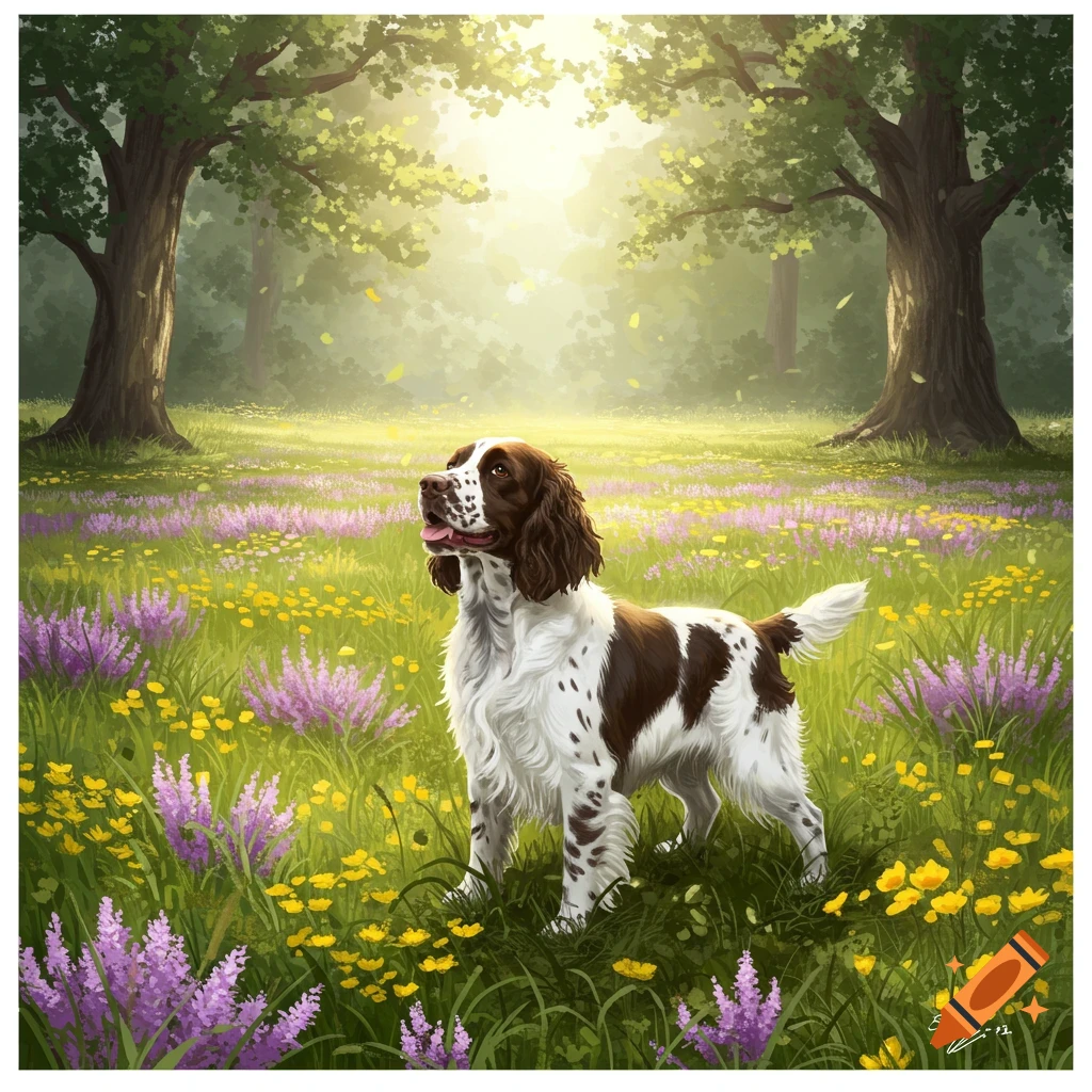 A brown and white Springer Spaniel dog stands in a sunny, flower-filled meadow with trees in the background, painted style.
