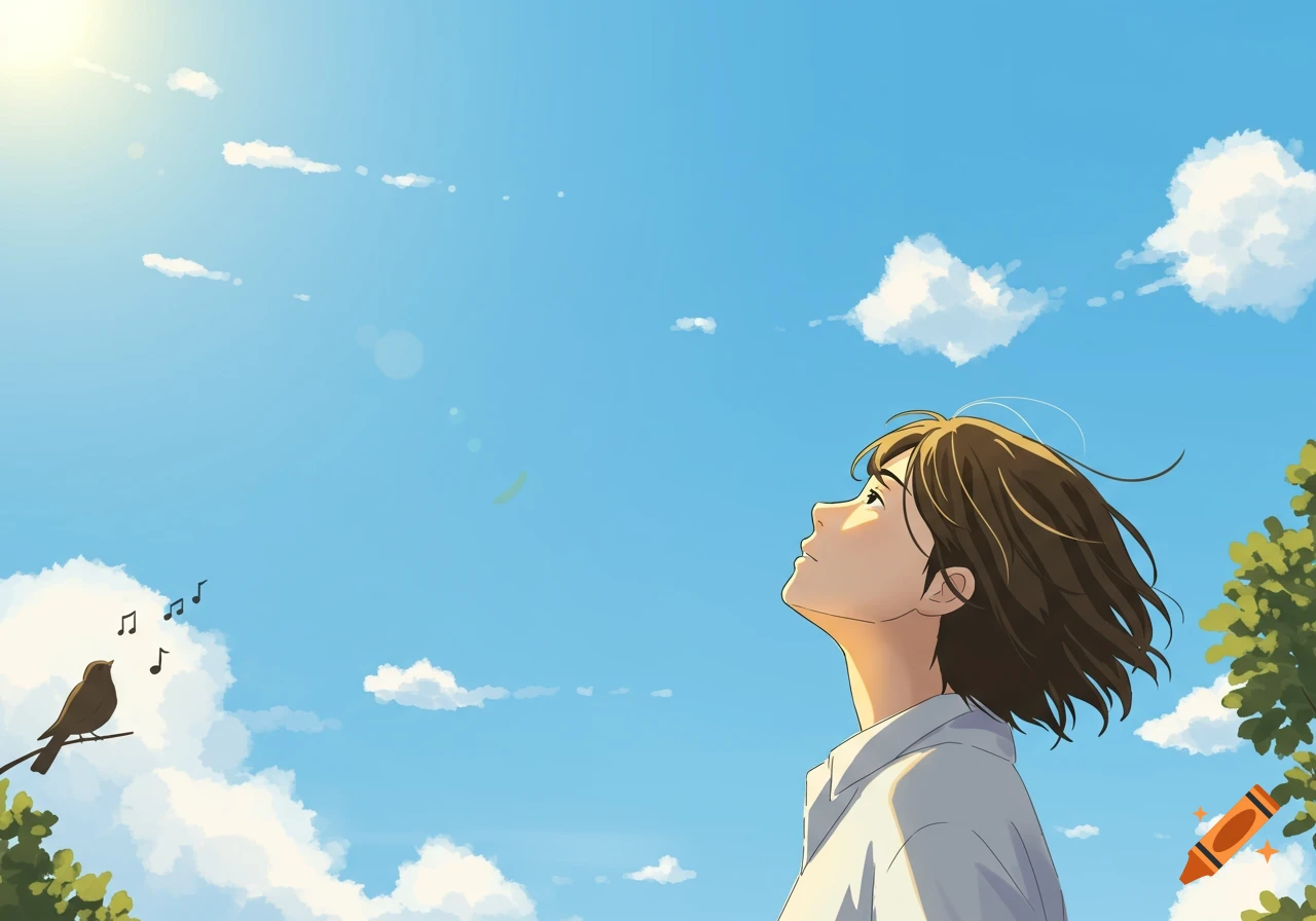Anime illustration of a person looking up at a bright blue sky with clouds, a bird singing on a branch nearby.