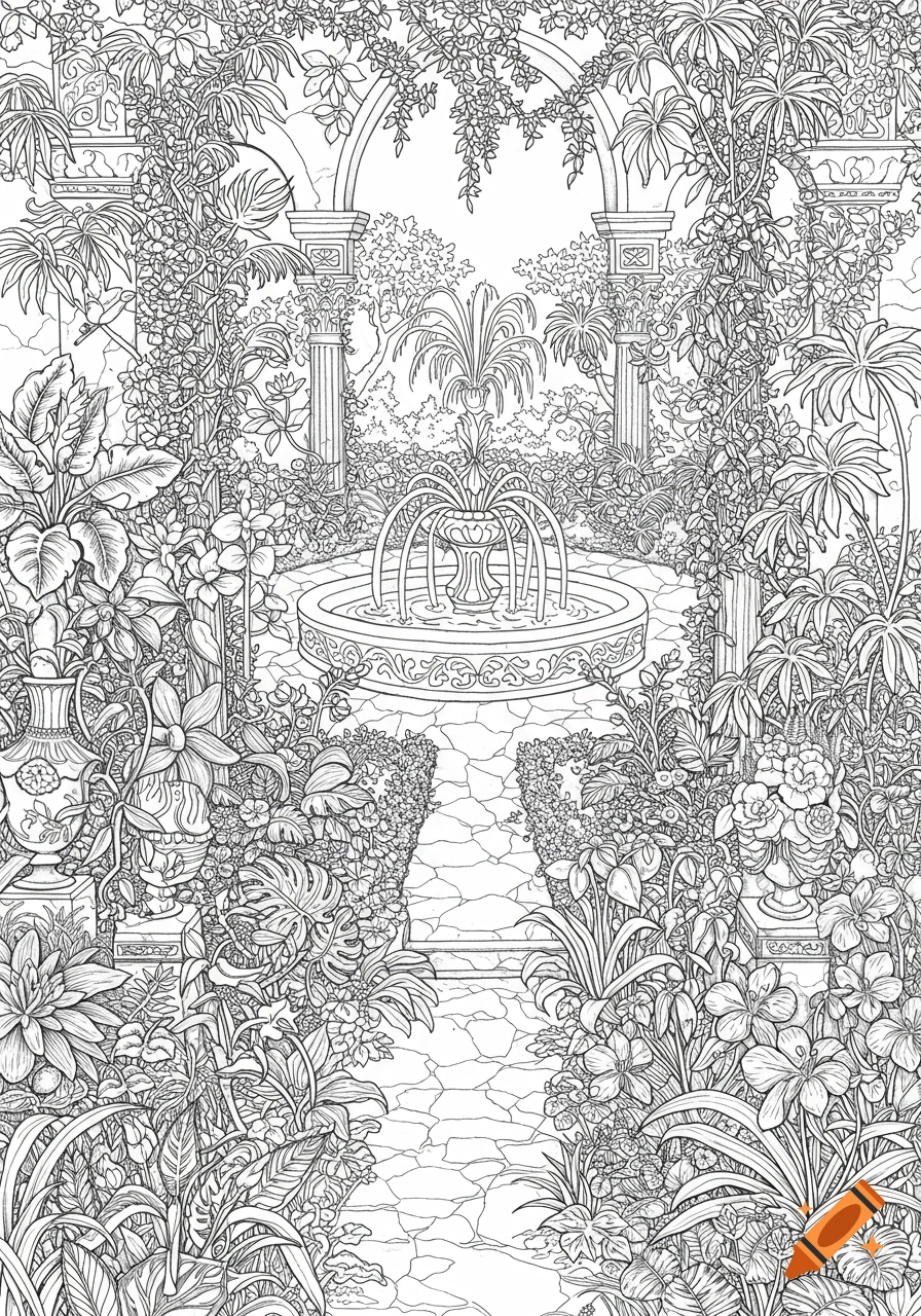 Black and white line art coloring page of an exotic garden with a fountain, arches, pillars, and abundant lush plants.