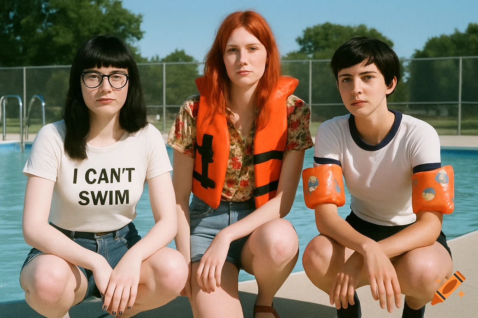 Three young women, one in an 'I CAN'T SWIM' shirt, one in a life vest, one in arm floaties, squatting by a pool in a photorealistic style.