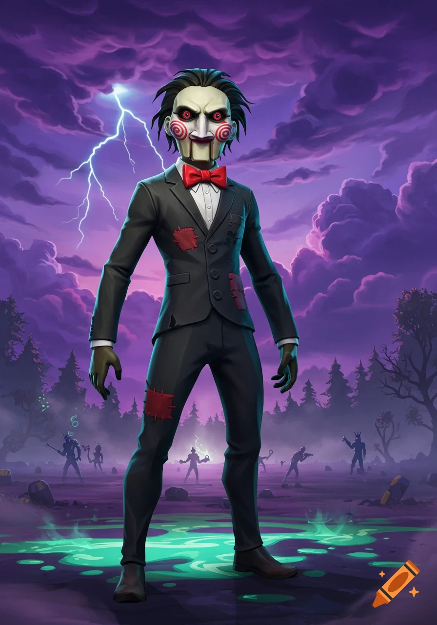 Stylized Jigsaw character from Saw, wearing a black suit with red patches, stands in a dark, stormy forest with lightning and glowing green liquid.