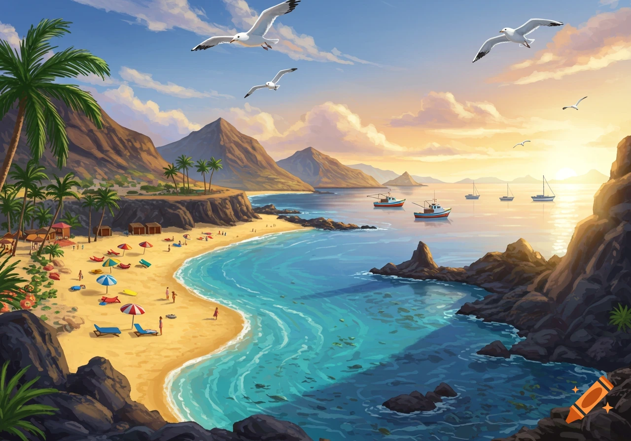 A vibrant illustration of a tropical beach at sunset, with palm trees, mountains, boats on the water, and seagulls flying.
