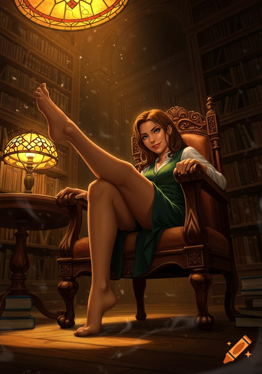 A charming woman in a green dress sits in a library chair, one bare leg lifted, looking at the viewer. Digital art.