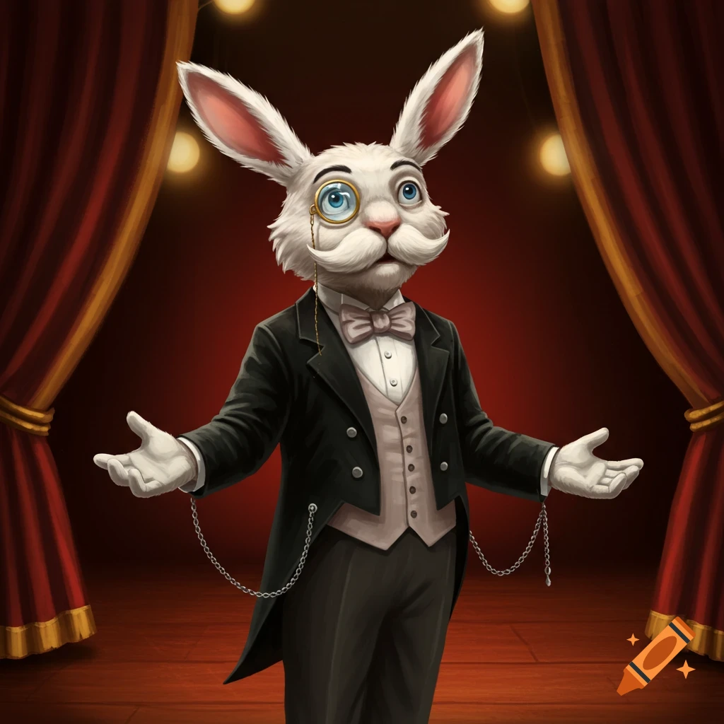Illustrative white rabbit in a tuxedo and monocle, on a theater stage with red curtains.